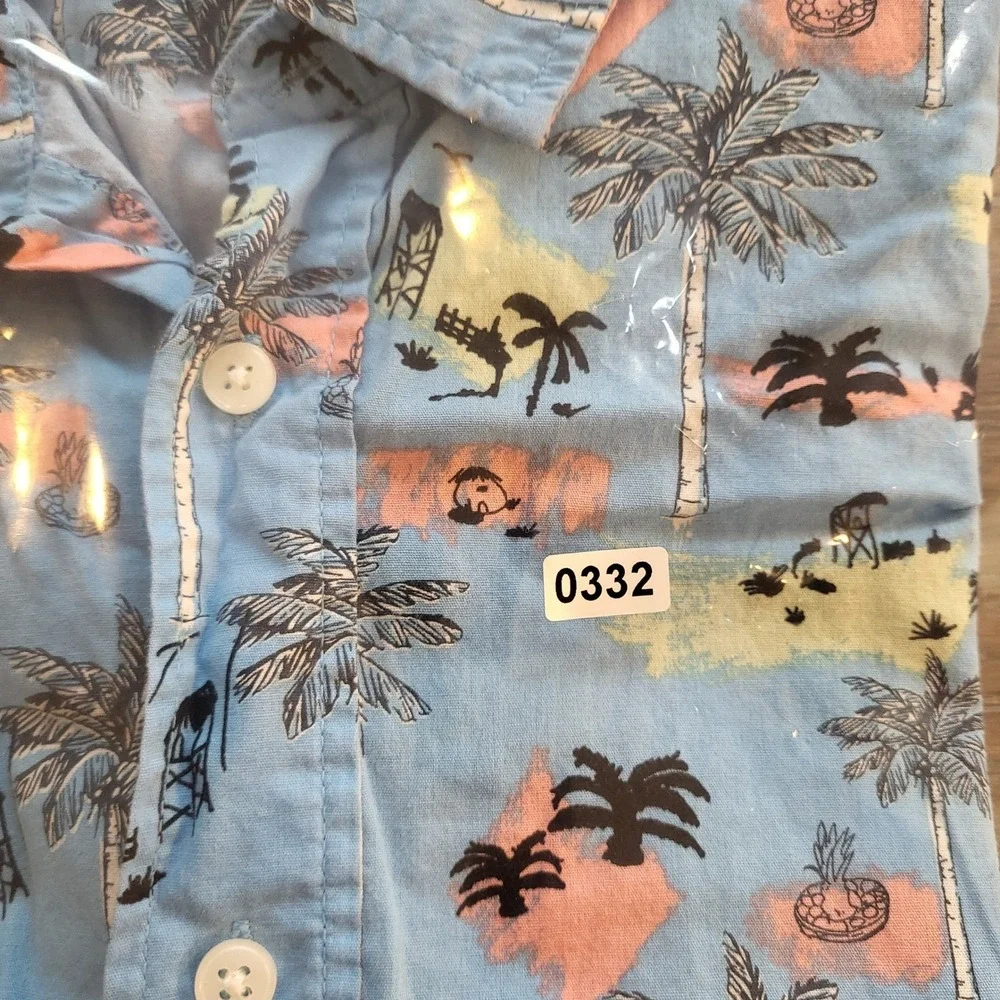 Cotton & Co Mens Large Blue Tropical Palm Tree Beach Print Button Down Shirt L